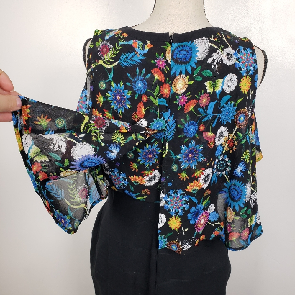 nicole by Nicole Miller Floral Black Bodycon Flutter Sleeve Midi Dress 14 - Picture 3 of 11